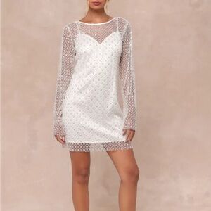 Glowing Charisma White Sequin Pearl Mesh Long Sleeve Mini Dress
